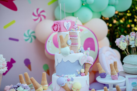 Beautiful cake decorated with ice cream, unicorn and other sweets.の写真素材