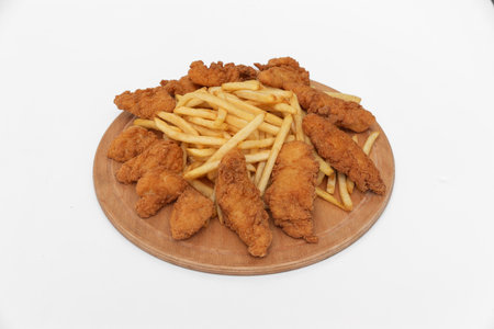 Fried chicken nuggets and french fries on a wooden plate.の写真素材