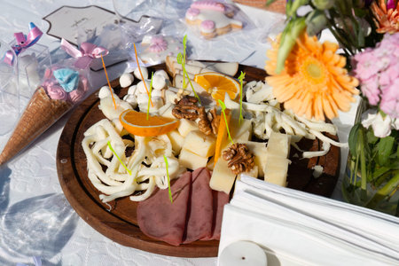 Wedding table decoration with various fruits and vegetables in a restaurant