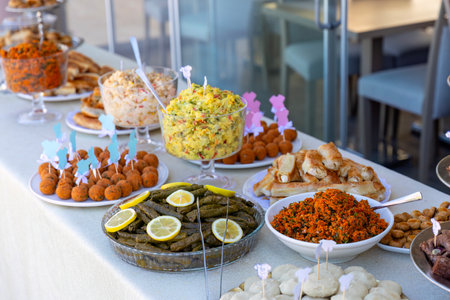 catering wedding buffet with variety of food snacks and appetizersの写真素材