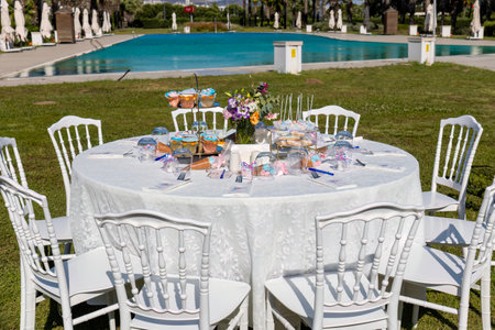 wedding table setting in the garden. Wedding in Montenegroの写真素材