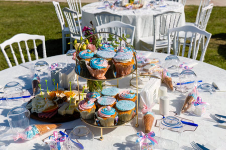 Cupcakes on a table at a wedding party in the garden