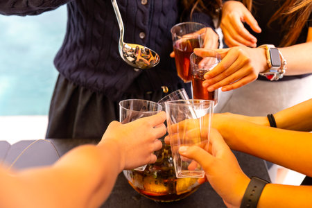 Group of friends clinking glasses with alcohol drinks, close-upの写真素材