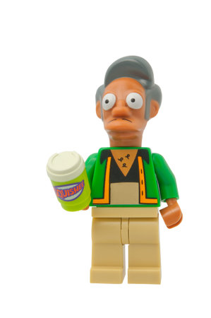 ADELAIDE, AUSTRALIA - October 18 2014:A studio shot of a Apu Lego minifigure from the animated...