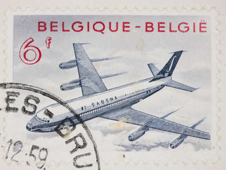 BELGIUM - CIRCA 1959: A Cancelled postage stamp from Belgium illustrating a Boeing 707, issued in 1959.のeditorial素材