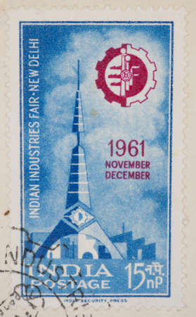 INDIA - CIRCA 1961: A Cancelled postage stamp from India illustrating Indian Industries Fair, issued in 1961 .のeditorial素材