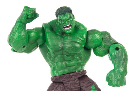 ADELAIDE, AUSTRALIA - June 08 2015 : A studio shot of a Hulk action figure on a white background....
