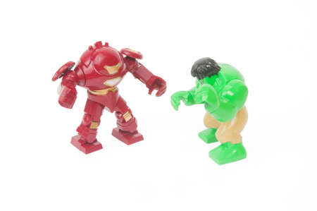 ADELAIDE, AUSTRALIA - May 1, 2015: A studio shot of a Hulk and Iron Man Hulk Buster Custom Lego Minifigures on a white background from the marvel comics and movies. Marvel and Lego are extremely popular with collectors and children worldwide.のeditorial素材