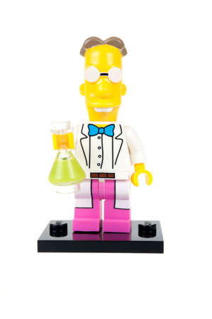 Adelaide, Australia - October 19, 2015: An isolated image of a Professor Frink Series 2 Lego Minifigure. The Simpsons is the longest running animated TV series of all time. Items from the Simpson and Lego are highly sought after collectables.のeditorial素材
