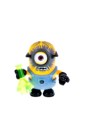 Adelaide, Australia - October 05, 2015: An isolated Minion Minion Mega Bloks Figurine. Mega Bloks are the main rival in the plastic blocks to Lego. Mega Bloks licence several popular brands and distribute plastic blocks and figures around the world includのeditorial素材