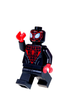 Adelaide, Australia - October 26, 2015: A studio shot of a Ultimate Spiderman Lego Compatible minifigure from the Marvel Comics and Movies. Lego is extremely popular worldwide with children and collectors.のeditorial素材