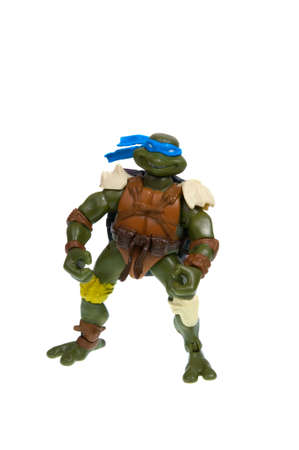 Adelaide, Australia - December 07, 2015: An isolated image of a Leonardo Action Figure from the Teenage Mutant Ninja Turtles. Teenage Mutant Ninja Turtles is a very popular animated and movie series with merchandise being highly sought after collectables.のeditorial素材