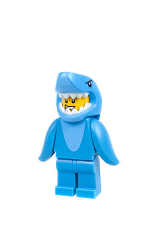 Adelaide, Australia - January 21, 2016:An isolated shot of a Shark Suit Guy Guy Lego Minifigure from Series 15 of the collectable lego minifigure toys. Lego is very popular with children and collectors worldwide.のeditorial素材