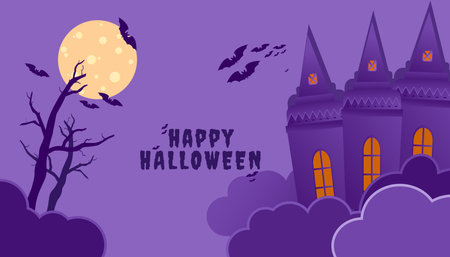 Halloween background vector with bat and creepy houseのイラスト素材