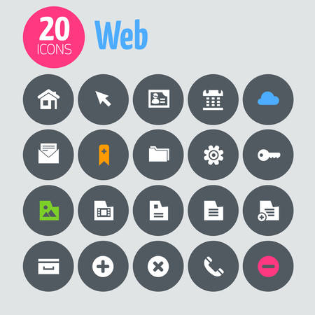 Flat minimalistic web icons on dark gray circlesのイラスト素材