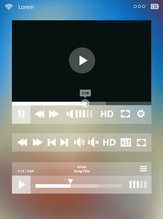 Flat ui design media player application template for tablet pc or smartphone, on blurred backgroundのイラスト素材