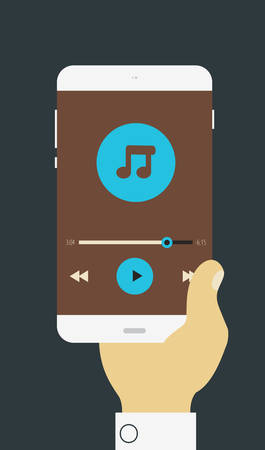Flat design modern concept with hand holding mobile device with media player applicationのイラスト素材