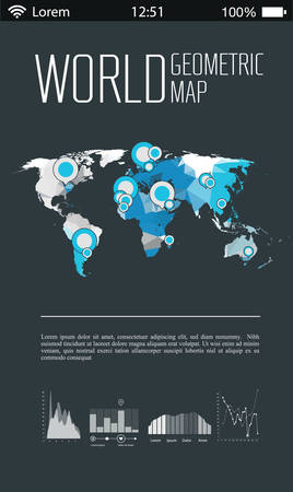 3d vector polygonal world map and infographics elements on dark gray blurred backgroundのイラスト素材