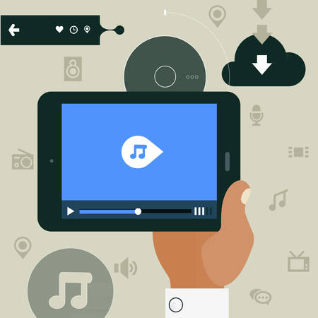 Concept of hand holding mobile device with media player appのイラスト素材