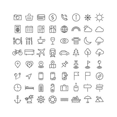 Vector set of modern inline thin icons of travel and tourism metaphorsのイラスト素材