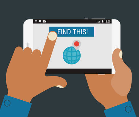 Flat design modern concept with hands holding mobile device with GPS technology applicationのイラスト素材