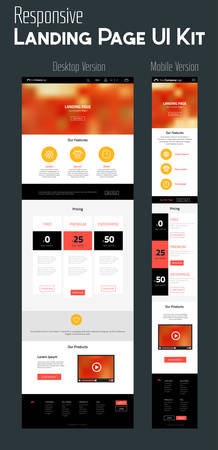Responsive landing page or one page website template with mobile and desktop versions and high-detailed laptop, tablet and smartphone mock-upのイラスト素材