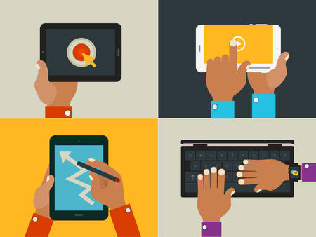 Flat design illustrations with hands holding mobile devices, smartphones, tablets and smart-watchesのイラスト素材