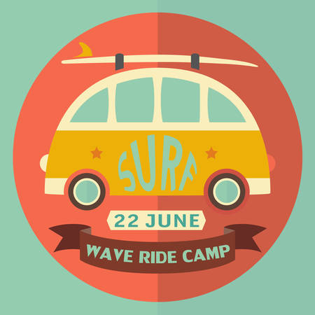 Surfing vector illustration with surf bus and place for your textのイラスト素材