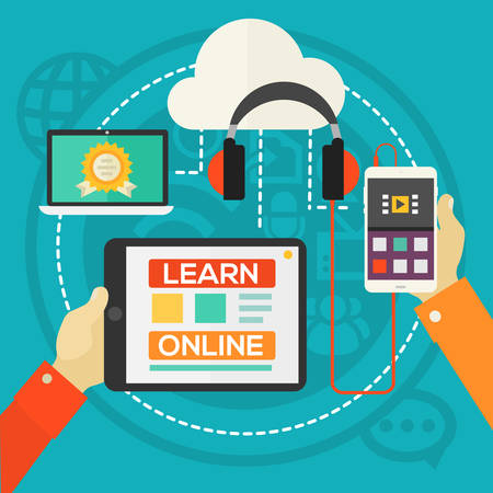 Education Concept - E-learning. Flat style vector illustration online web bannerのイラスト素材