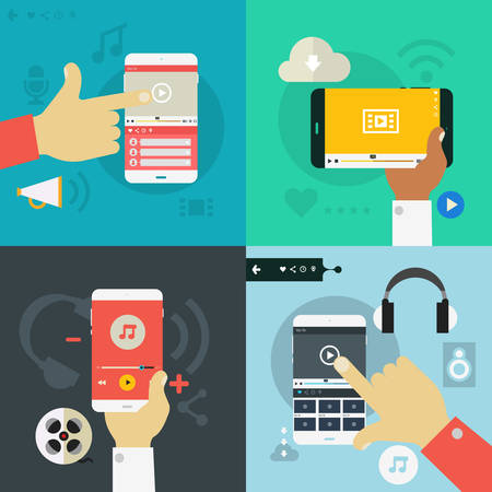 Gadgets concepts - hands holding mobile devices. Banners collection in flat design styleのイラスト素材