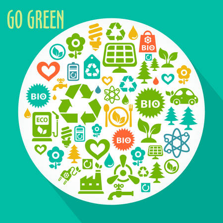 Vector Go Green ecological illustration with round shape contained of ecology iconsのイラスト素材