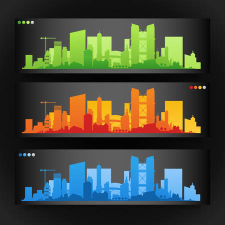 Cityscape sets with various parts of a city. Small towns or suburbs and downtown silhouettesのイラスト素材