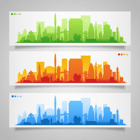 Cityscape sets with various parts of a city. Small towns or suburbs and downtown silhouettesのイラスト素材