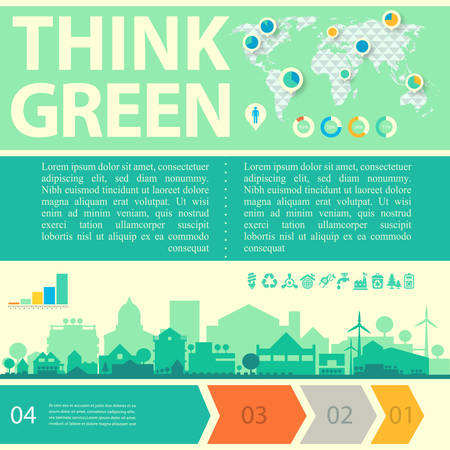 Small town or village ecological illustration Think Green with infographics world mapのイラスト素材