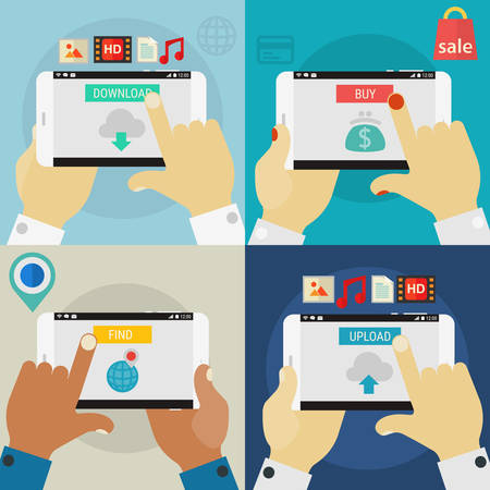 Gadgets concepts - hands holding mobile devices. Banners collection in flat design styleのイラスト素材