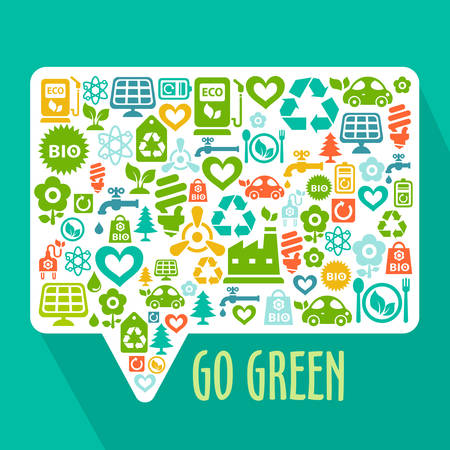 Vector Go Green ecological illustration with chat button shape contained of ecology iconsのイラスト素材