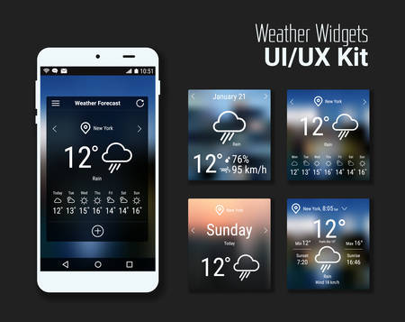 Trendy mobile app weather widgets UI kit, on blurred background, with smartphone mockup and bold line iconsのイラスト素材