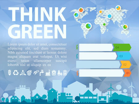 Small town or village ecological illustration Think Green with infographics world mapのイラスト素材
