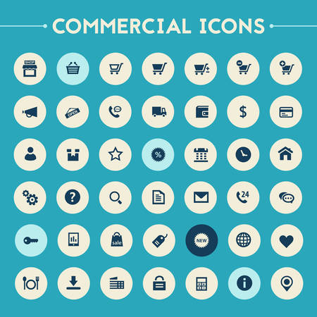 Trendy flat design big commercial icons set on bright round buttonsのイラスト素材