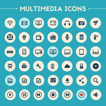 Trendy flat design big Multimedia icons set on bright round buttonsのイラスト素材