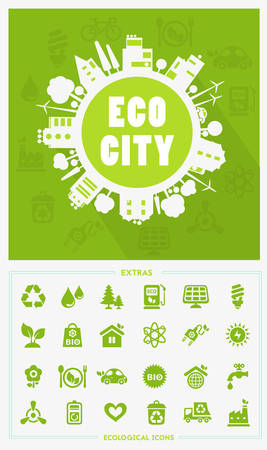 Vector cartoon eco city, town concept with ecology iconsのイラスト素材