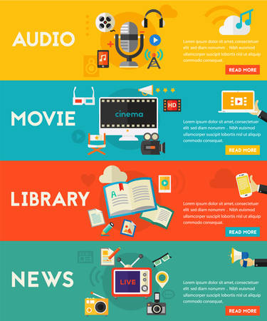 Flat horizontal vector concept banners. Audio production and podcast, e-ibrary and distance learning, video production and motion graphic, news and reports conceptのイラスト素材