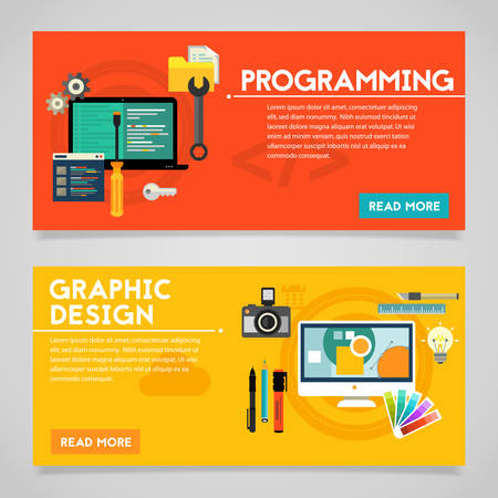 Programming and coding, scripting, graphic and webdesign, website development concepts. Horizontal bannersのイラスト素材