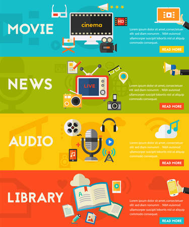 Flat horizontal vector concept banners. Audio production and podcast, e-ibrary and distance learning, video production and motion graphic, news and reports conceptのイラスト素材