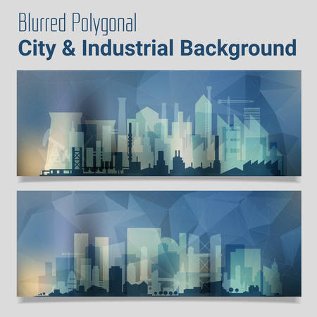 Trendy blurred polygonal website header slider webdesign kit with city skyline and industrial backgroundsのイラスト素材