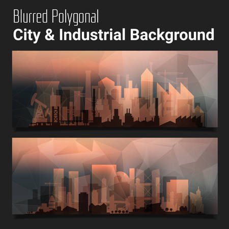 Trendy blurred polygonal website header slider webdesign kit with city skyline and industrial backgroundsのイラスト素材