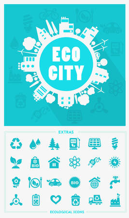 Vector cartoon eco city, town concept with ecology iconsのイラスト素材
