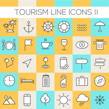 Thin line tourism icons on colored squares, set 2のイラスト素材