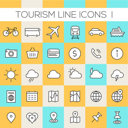 Thin line tourism icons on colored squares, set 1のイラスト素材