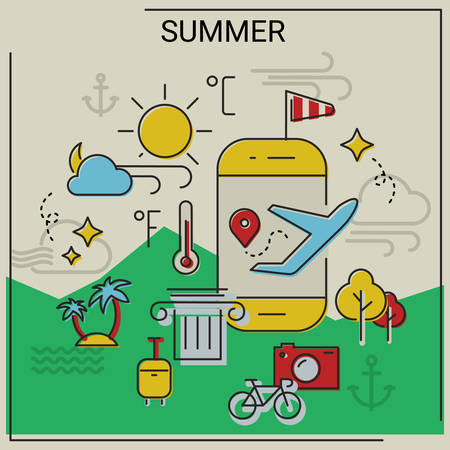 Weather and seasonal conceptual banners for mobile apps. Summer. Line bold design vector illustration online web bannerのイラスト素材
